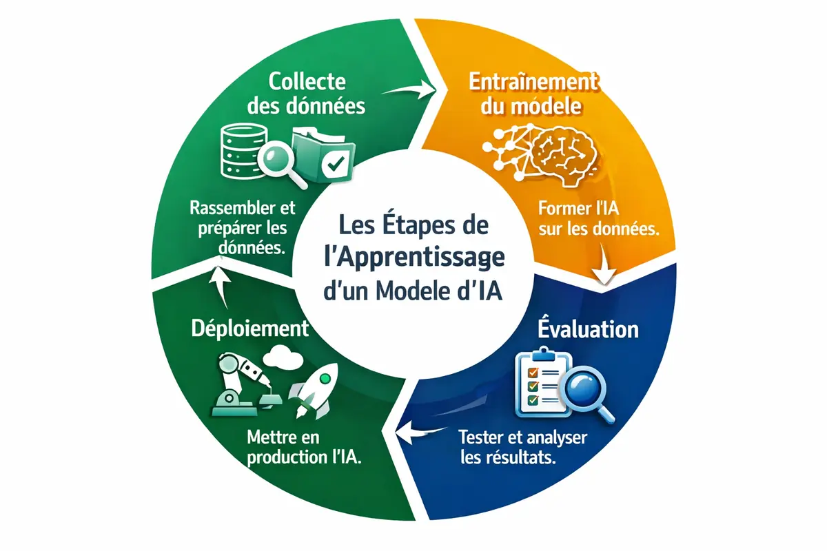 Schéma des étapes d'apprentissage d'un modèle d'intelligence artificielle, depuis la collecte des données jusqu'au déploiement.