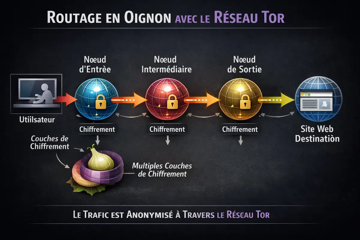 Schéma du réseau Tor illustrant le routage du trafic à travers plusieurs nœuds chiffrés pour l'anonymisation.