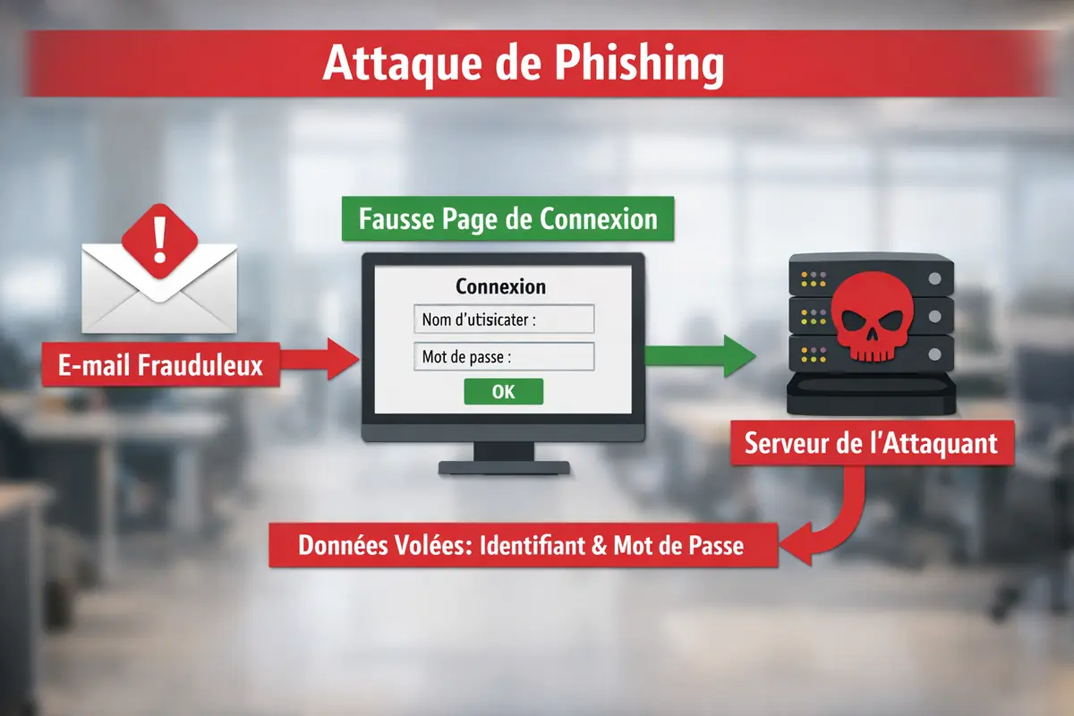 Schéma illustrant une attaque de phishing, montrant un email frauduleux avec un lien malveillant menant à un site web imité.