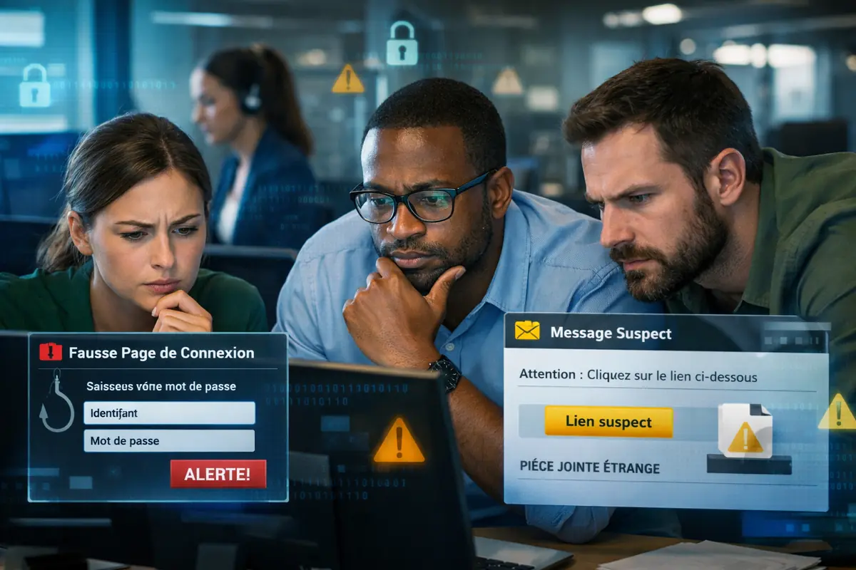 Illustration impactante sur la sensibilisation au phishing en entreprise, ambiance sécurisée et professionnelle.