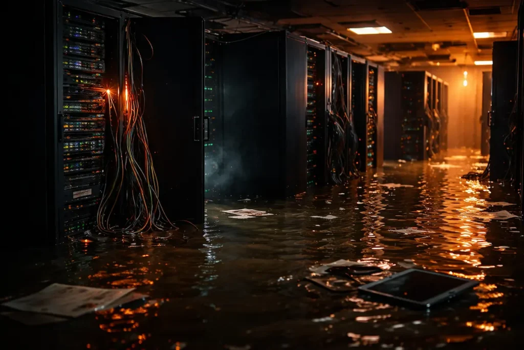 Salle de serveurs informatiques d'entreprise gravement endommagée par une inondation, avec de l'eau au sol et des câbles débranchés.