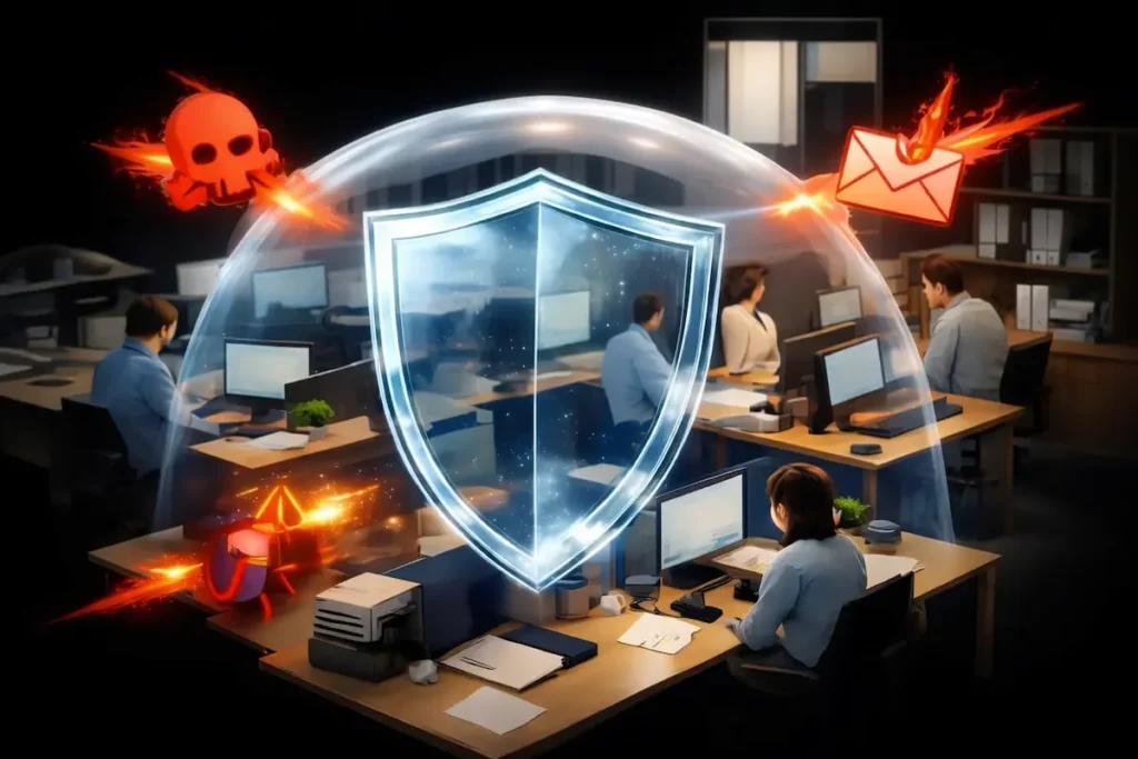 PSSI — Illustration d'une PME protégée par un bouclier numérique, symbolisant une politique de sécurité informatique efficace.