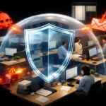 PSSI — Illustration d'une PME protégée par un bouclier numérique, symbolisant une politique de sécurité informatique efficace.