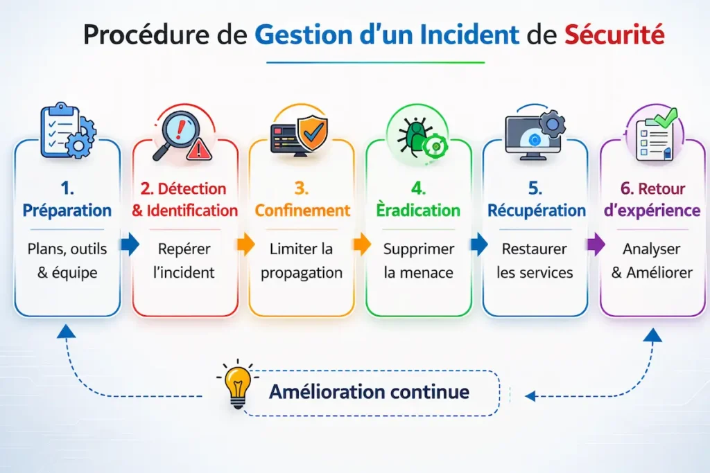 Infographie illustrant la politique de sécurité informatique avec les étapes de gestion d’un incident de sécurité : préparation, détection, confinement, éradication, récupération et retour d’expérience.