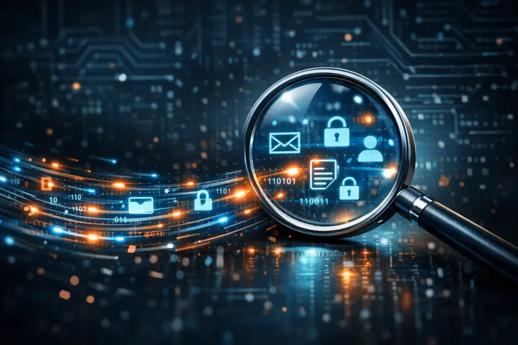 Illustration d'une loupe examinant un flux de données, symbolisant l'analyse d'impact sur la protection des données (AIPD) avec une ambiance de sécurité et de conformité. comment faire une aipd