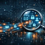 Illustration d'une loupe examinant un flux de données, symbolisant l'analyse d'impact sur la protection des données (AIPD) avec une ambiance de sécurité et de conformité. comment faire une aipd