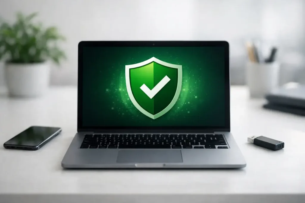 PC protégé par un anti-malwares gratuit, ambiance cybersécurité rassurante.