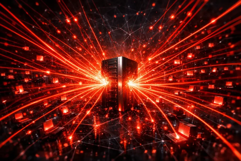 Visualisation d'une attaque DDoS avec des flux de données rouges convergeant vers un serveur, symbolisant la menace et l'urgence de la protection. comment faire une attaque ddos