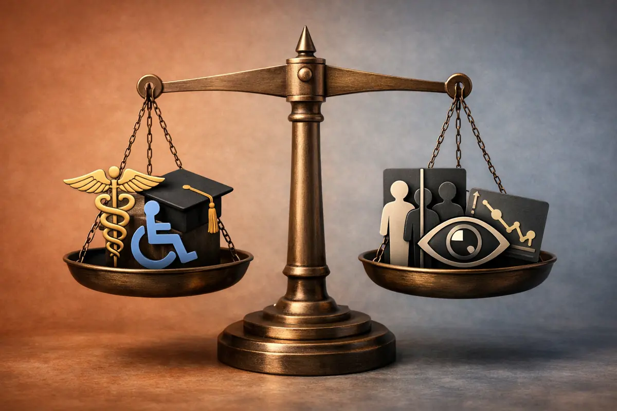ia-discrimination-balance-benefices-risques.jpg Balance symbolisant les bénéfices de l'IA (santé, éducation) d'un côté et les risques (discrimination, surveillance) de l'autre.