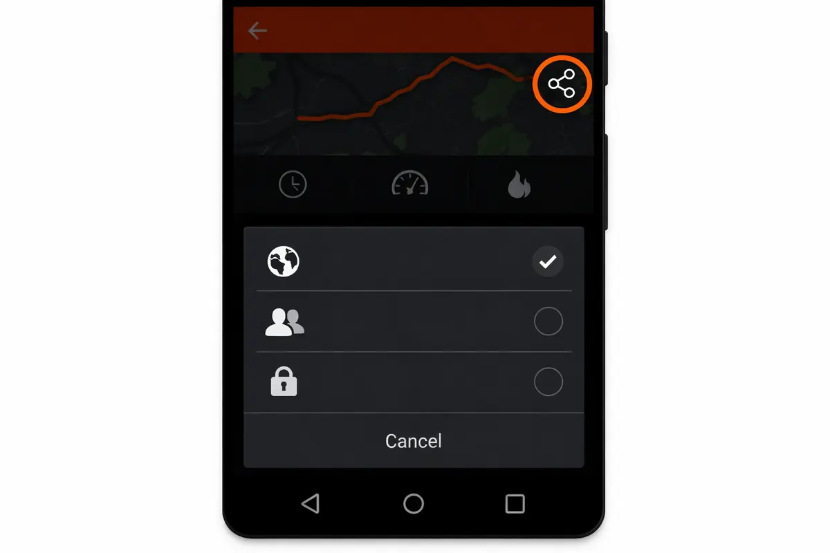 strava-partage-confidentialite-android Capture d'écran de l'application Strava sur Android mettant en évidence l'icône de partage et les paramètres de confidentialité.
