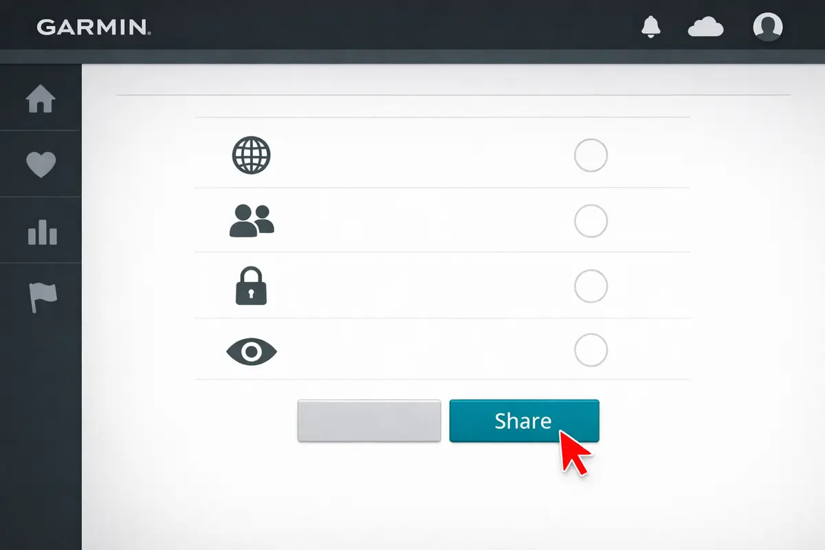 garmin-connect-partage-confidentialite-web Capture d'écran du site web Garmin Connect présentant les paramètres de partage et de confidentialité d'une activité.