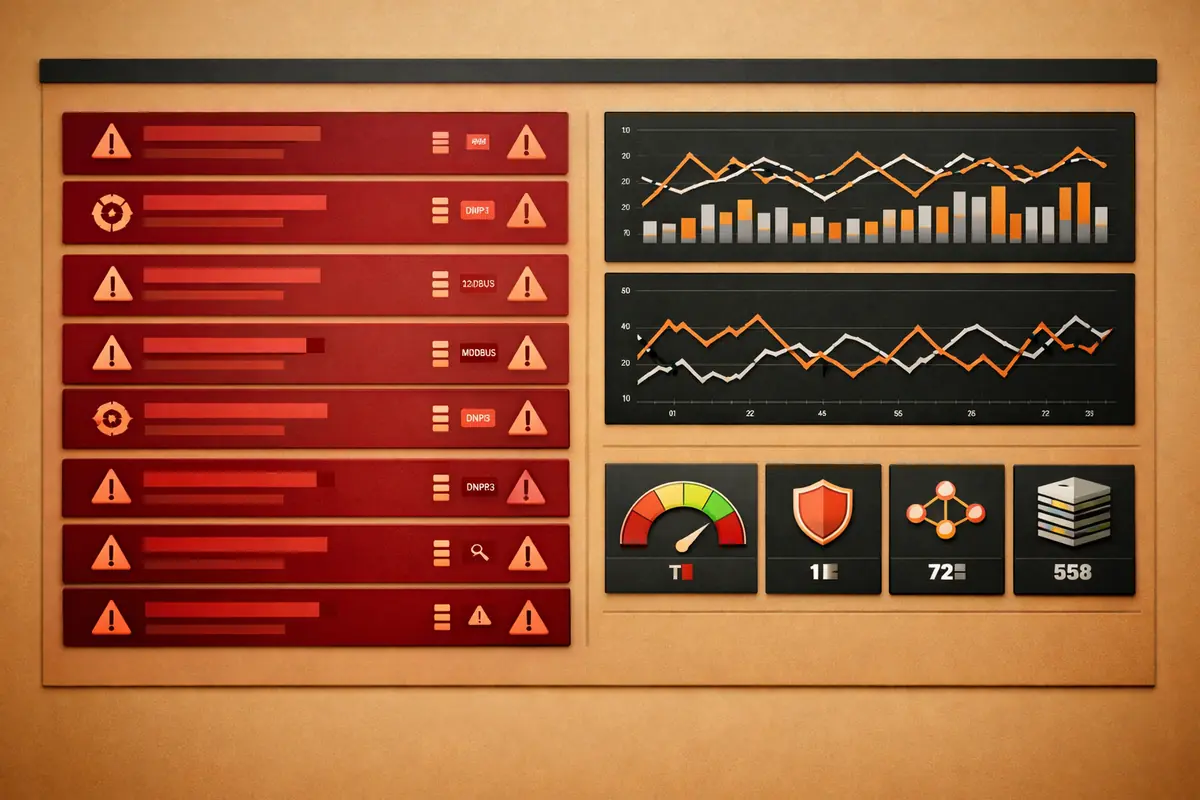 Capture d'écran d'un tableau de bord IDS/IPS industriel affichant des alertes de sécurité en temps réel et des indicateurs de performance clés (KPIs).