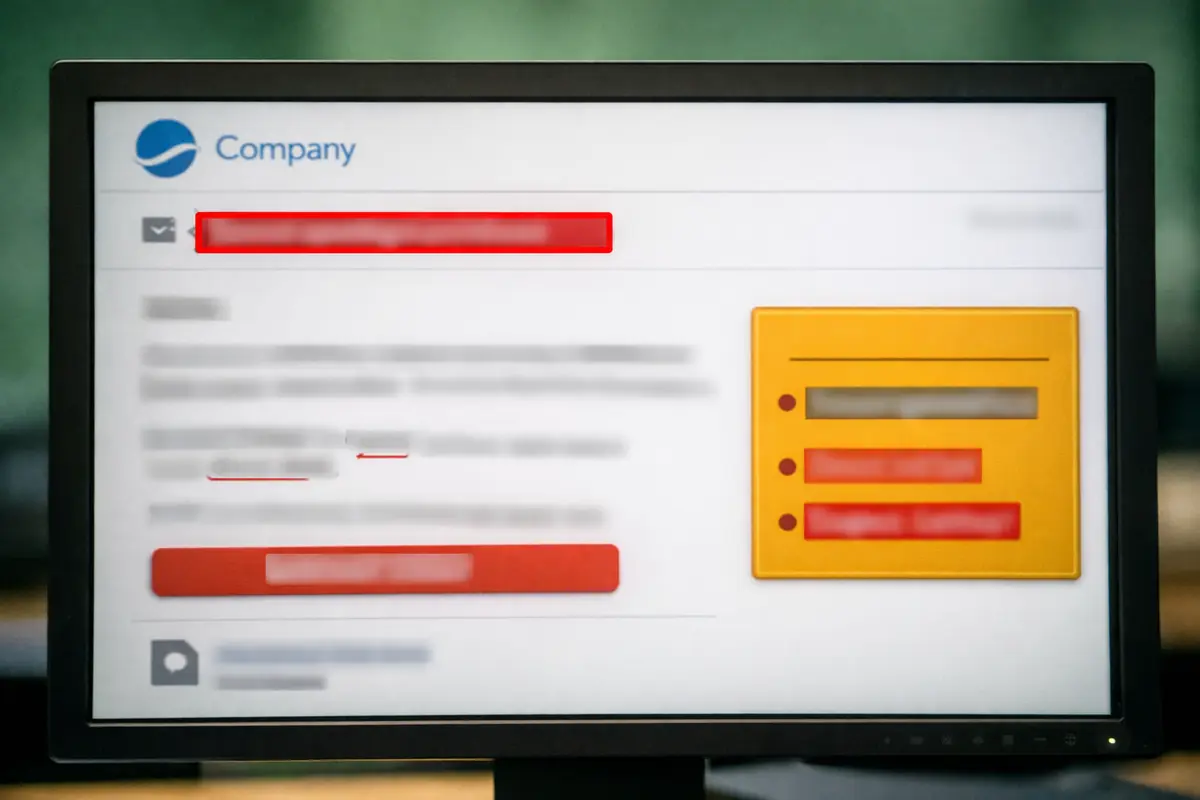 Capture d'écran d'une vidéo de sensibilisation au phishing destinée aux employés, montrant un exemple de faux email et les signaux d'alerte.
