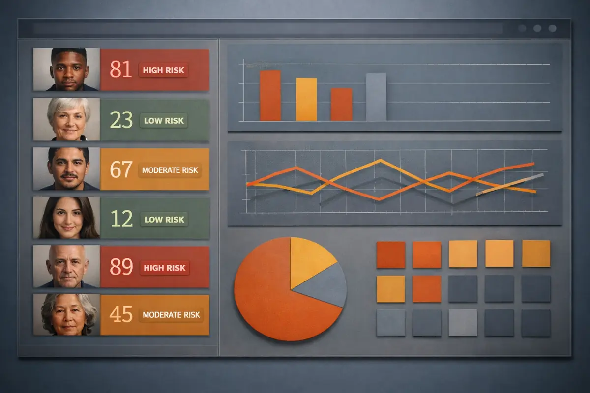 ia-discrimination-interface-logiciel-justice-predictive.jpg Capture d'écran fictive d'une interface de logiciel de justice prédictive affichant des scores de risque différenciés selon les profils.