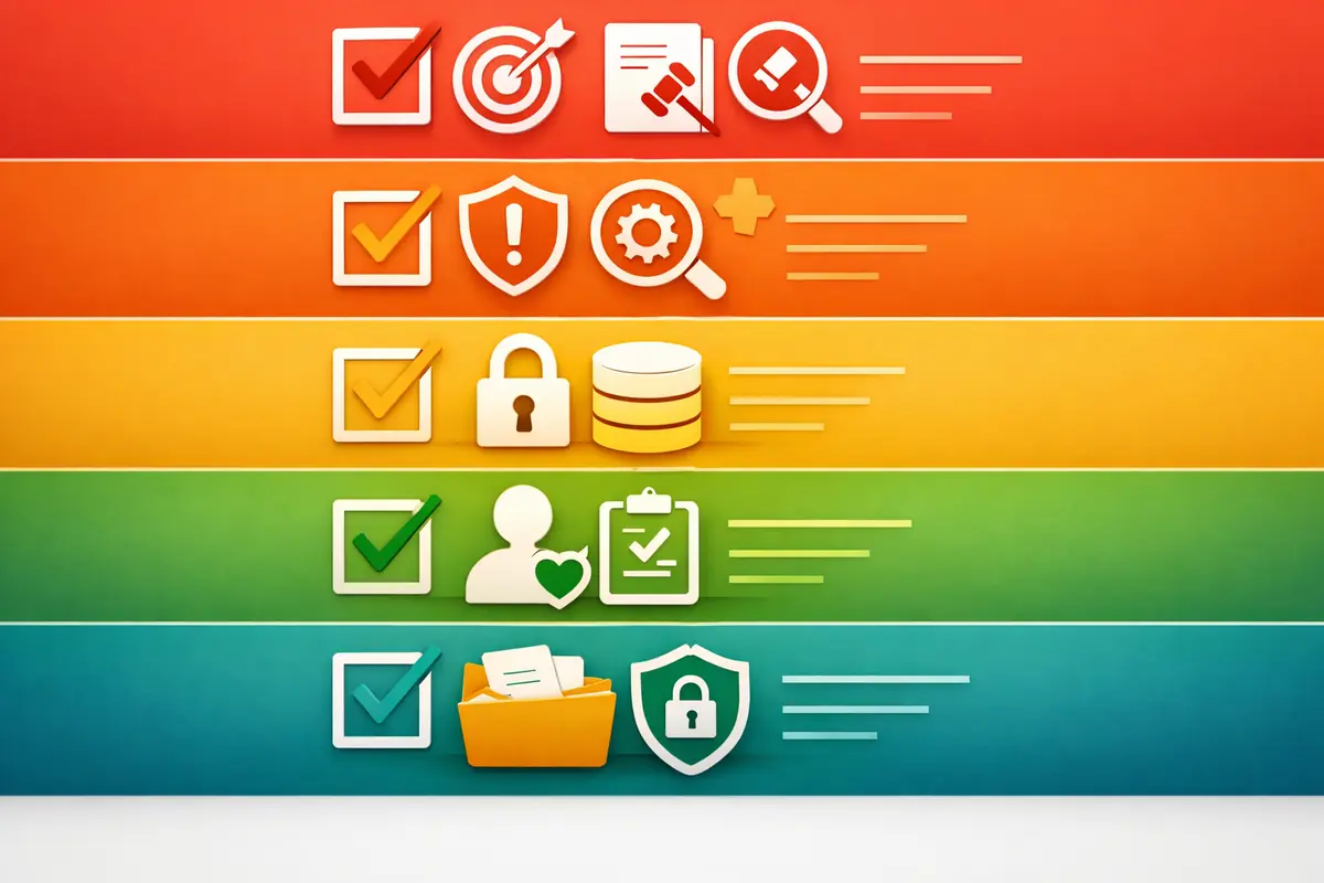 Checklist des actions RGPD à réaliser pour chaque étape de mise en conformité d'un projet d'IA : finalité, AIPD, sécurité, consentement, documentation.