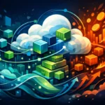 Illustration abstraite et moderne du cloud native computing, évoquant l'agilité et la scalabilité.