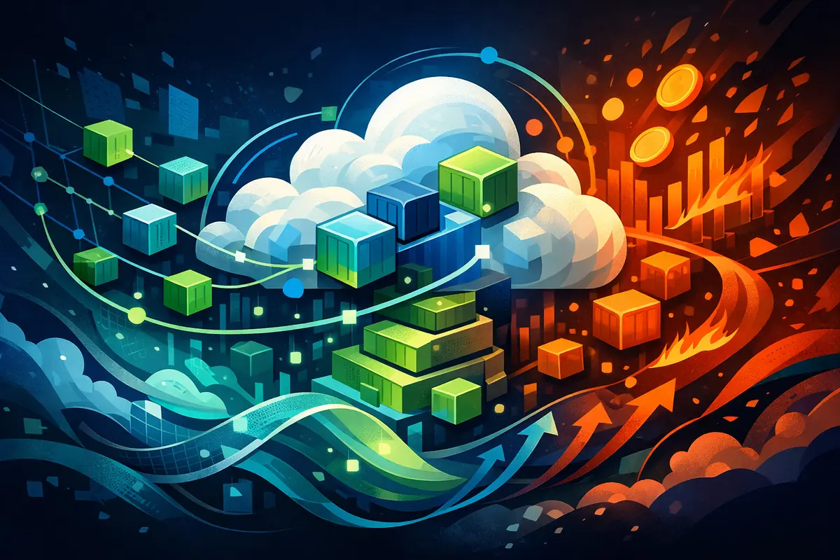 Illustration abstraite et moderne du cloud native computing, évoquant l'agilité et la scalabilité.