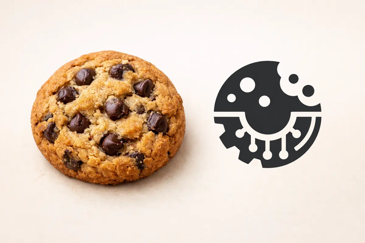 Comparaison côte à côte : un cookie biscuit doré et une icône stylisée de cookie informatique, symbolisant le double sens du terme.