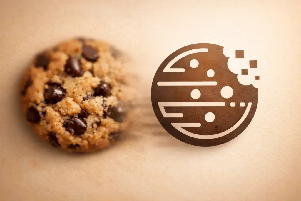 Un cookie croustillant et une icône web se rencontrent, illustrant l'histoire intrigante des cookies internet. cookies internet pourquoi ce nom