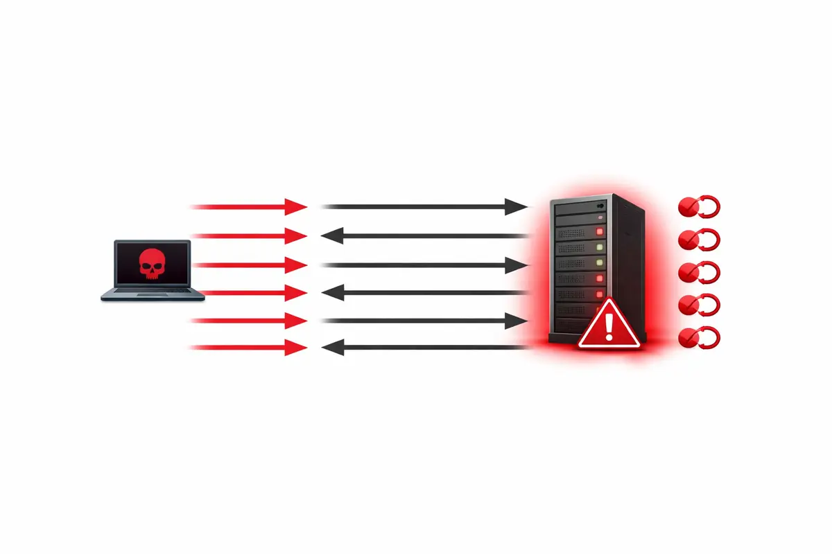 Diagramme de séquence illustrant une attaque SYN flood, montrant la perturbation du handshake TCP.