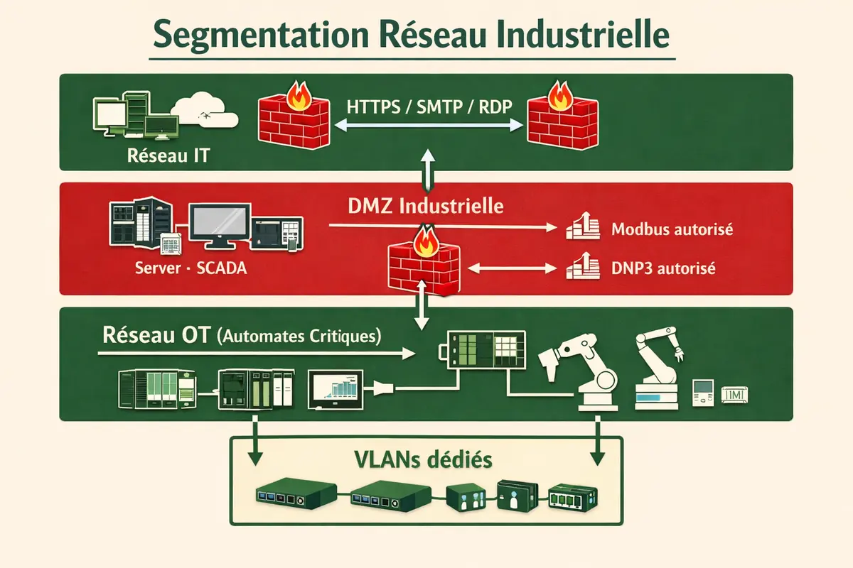 Diagramme illustrant un réseau industriel segmenté en zones de sécurité distinctes (DMZ, VLANs) avec contrôle des flux inter-zones.