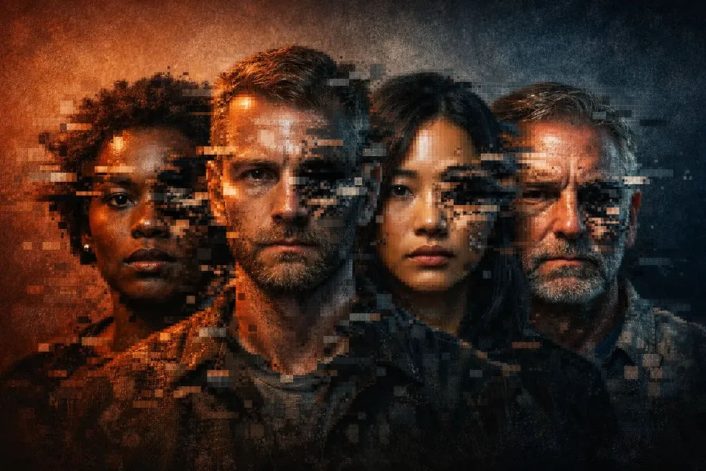 discrimination-algorithmique-ia-header.jpg Illustration percutante du problème de la discrimination algorithmique dans l'IA, avec une ambiance sombre et des visages pixellisés. le risque de discrimination des intelligences artificielles