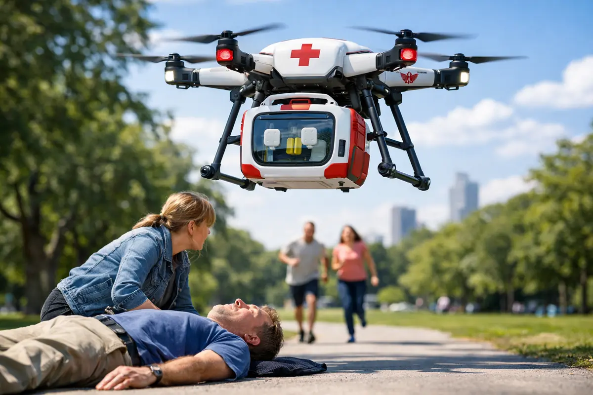 ia-drone-defibrillateur-urgence.jpg Drone équipé d'IA livrant un défibrillateur automatisé externe (DAE) à une personne en arrêt cardiaque, assistance médicale d'urgence.