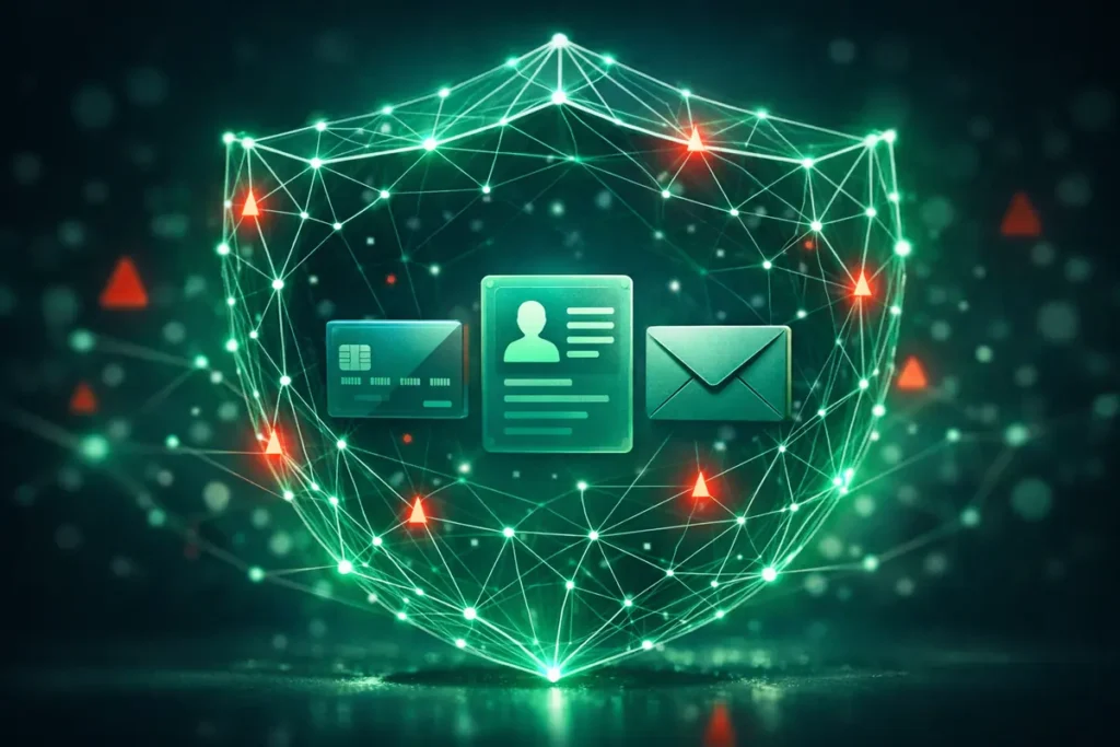 Illustration abstraite et stylisée d'un réseau de données sécurisé, symbolisant la prévention des fuites de données en entreprise.