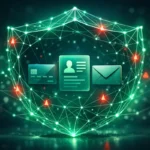 Illustration abstraite et stylisée d'un réseau de données sécurisé, symbolisant la prévention des fuites de données en entreprise.