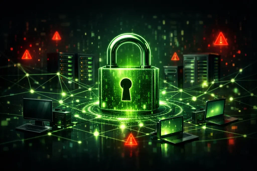 Gestion des Ransomwares — Illustration d'un cadenas numérique protégeant un réseau d'entreprise, symbolisant la gestion proactive des ransomwares.