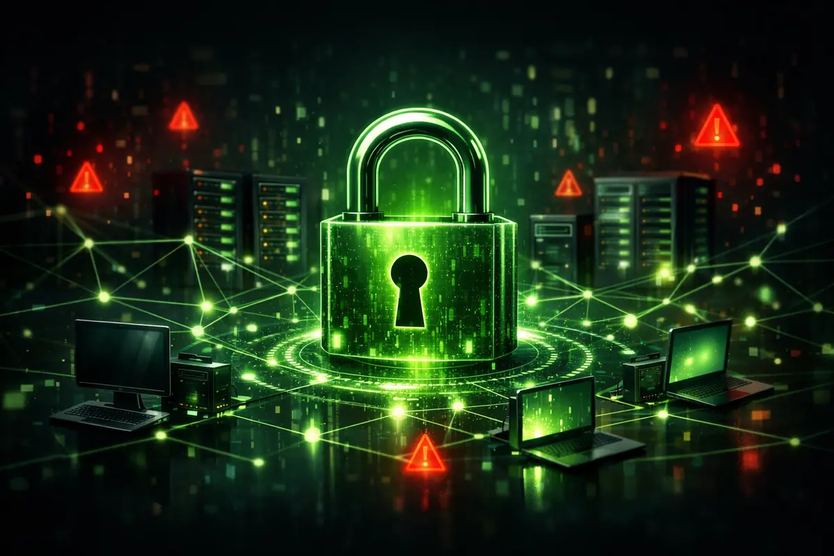 Gestion des Ransomwares — Illustration d'un cadenas numérique protégeant un réseau d'entreprise, symbolisant la gestion proactive des ransomwares.