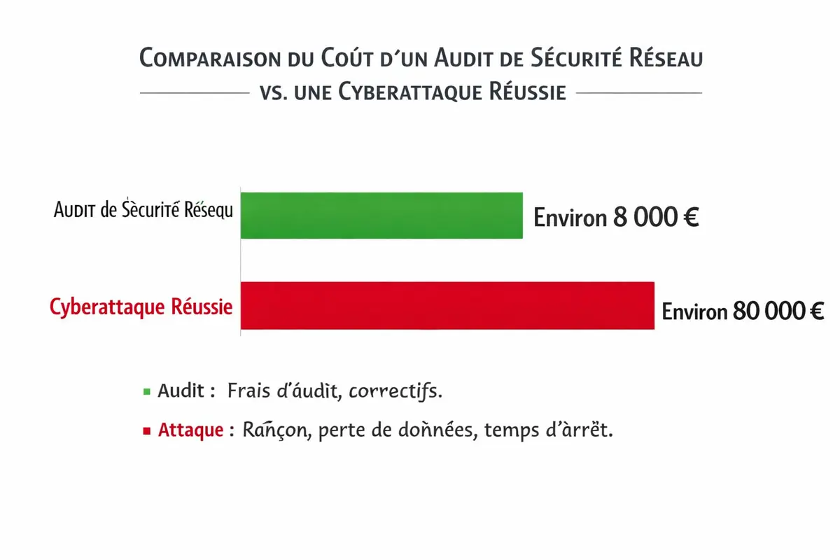 Graphique comparant les coûts moyens d'un audit de sécurité réseau pour une PME et les coûts moyens d'une cyberattaque réussie (rançongiciel, fuite de données).