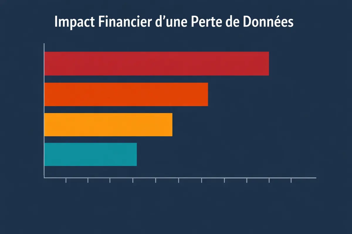 Graphique en barres comparant les coûts directs (perte de revenus, récupération) et indirects (réputation, amendes) d'une perte de données pour une PME.