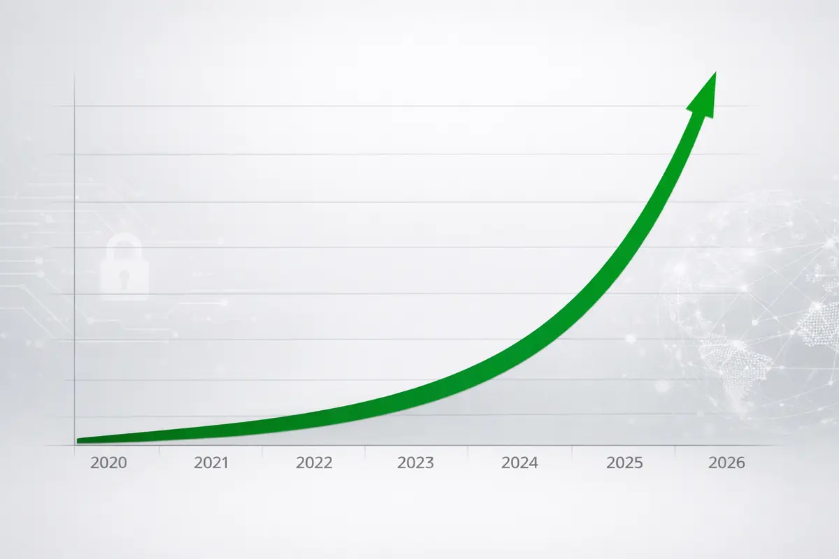 Graphique illustrant l'augmentation exponentielle des nouvelles menaces informatiques détectées entre 2020 et 2026.