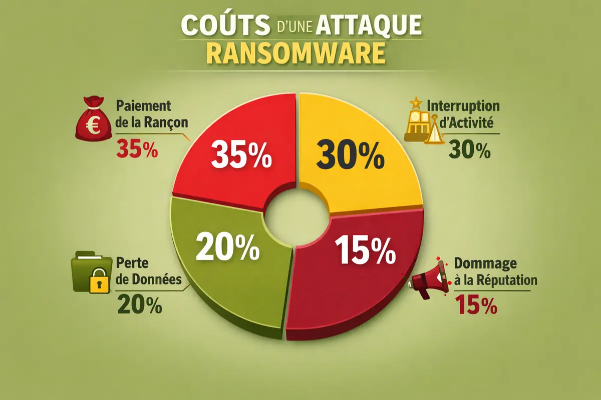 Graphique illustrant les différents coûts associés à une attaque ransomware pour une PME, incluant la rançon, l'interruption d'activité, la perte de données et l'atteinte à la réputation.