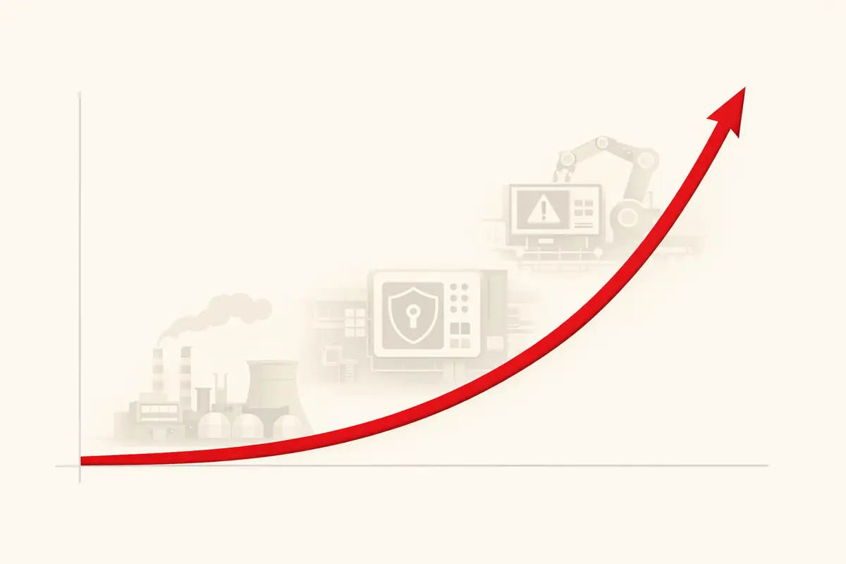 Graphique linéaire illustrant la forte augmentation des cyberattaques ciblant les infrastructures industrielles entre 2018 et 2023.
