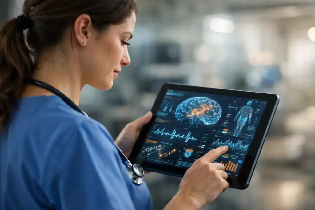 ia-en-sante-revolution-medicale.jpg IA en santé — L'IA révolutionne la santé : une infirmière utilise une tablette pour analyser des données médicales complexes, ambiance futuriste et bienveillante. intelligence artificiel sauve des vie
