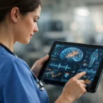 IA en santé — L'IA révolutionne la santé : une infirmière utilise une tablette pour analyser des données médicales complexes, ambiance futuriste et bienveillante. intelligence artificiel sauve des vie
