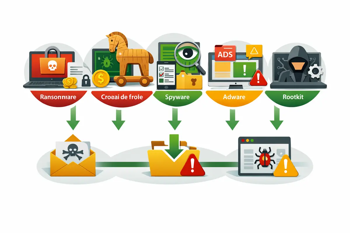 Infographie détaillant les ransomwares, chevaux de Troie, spywares, adwares et rootkits, et leurs vecteurs d'attaque (email, téléchargements, web).