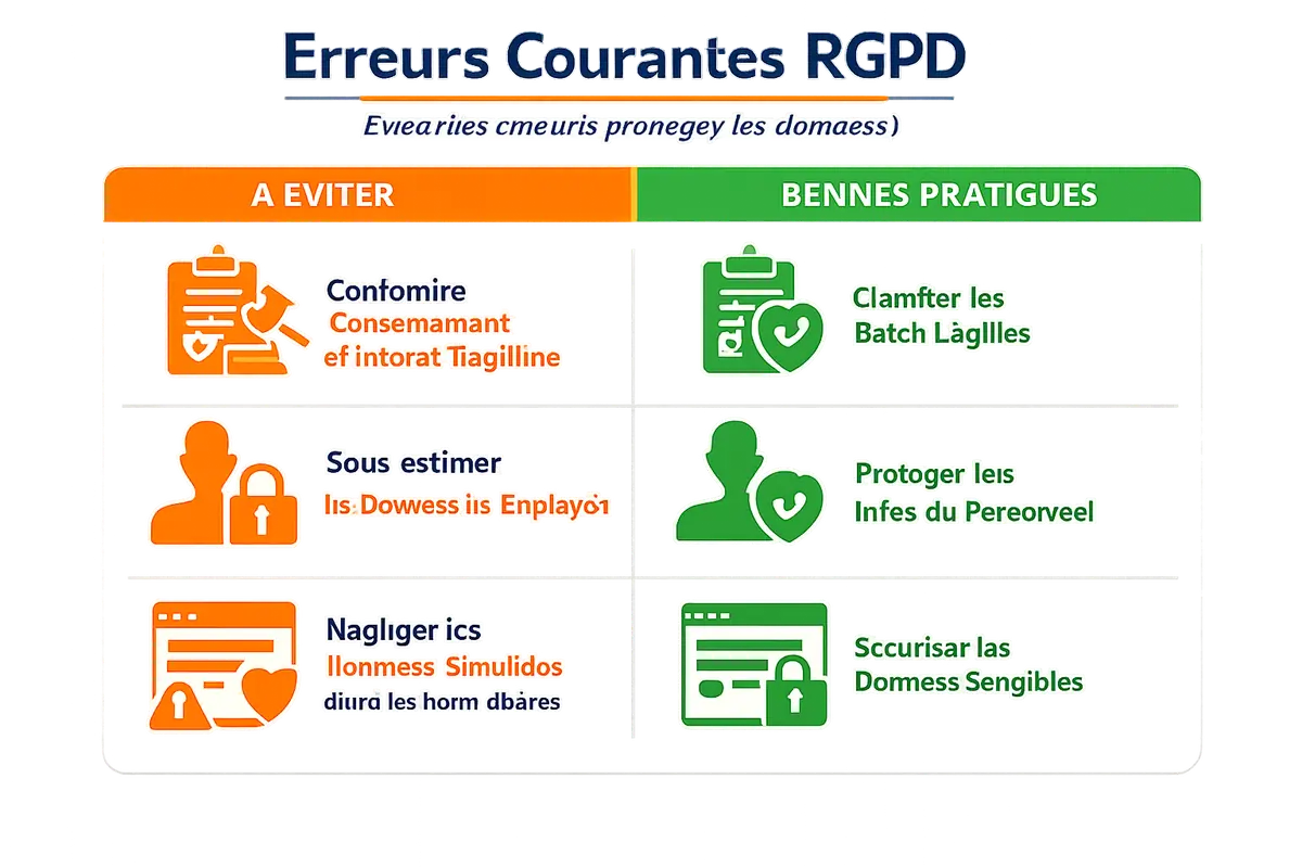 Infographie présentant les erreurs fréquentes dans l'application du RGPD et les bonnes pratiques pour les éviter.