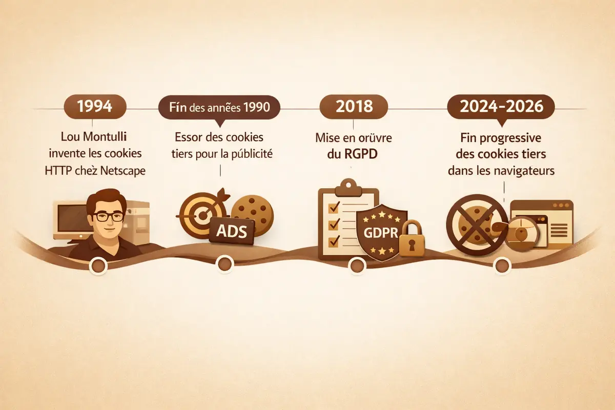 Infographie retraçant l'évolution des cookies de 1994 à 2026 : invention, essor publicitaire, réglementations (RGPD), fin des cookies tiers.