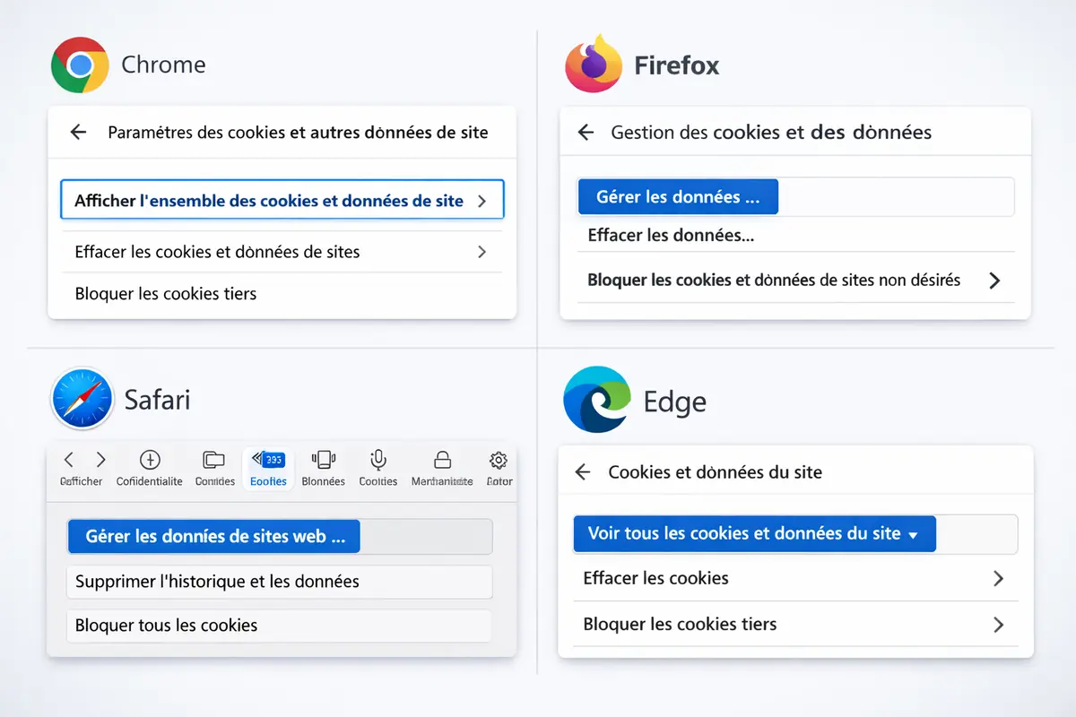 Montage visuel présentant les interfaces de gestion des cookies dans Chrome, Firefox, Safari et Edge.