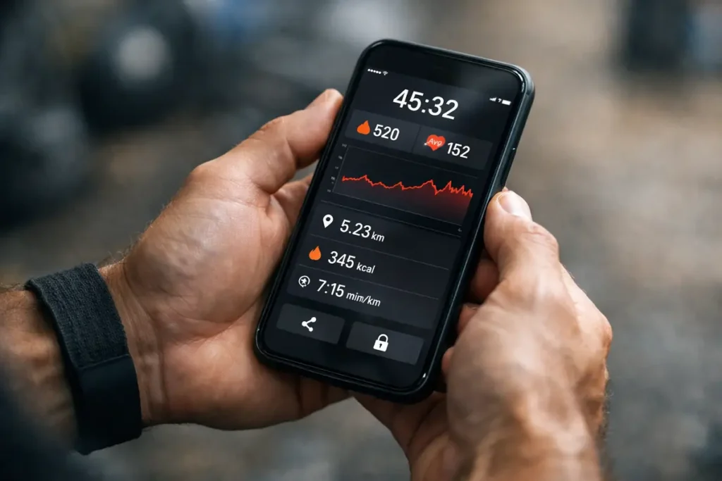 partage-entrainement-prive-guide-ultime Partage d'entraînement privé — Athlète utilisant une application de fitness sur son smartphone, avec un focus sur la confidentialité des données. comment partager des entrainement en priver via un lien internet