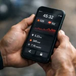 Partage d'entraînement privé — Athlète utilisant une application de fitness sur son smartphone, avec un focus sur la confidentialité des données. comment partager des entrainement en priver via un lien internet
