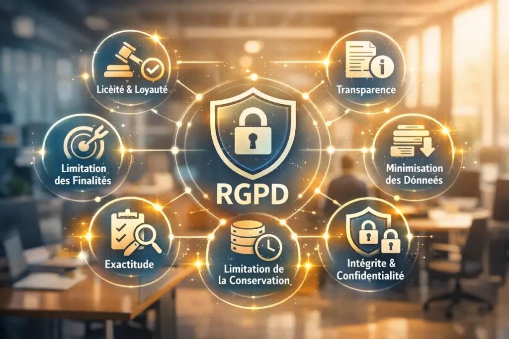 Image illustrant les principes fondamentaux du RGPD dans un environnement de travail moderne et sécurisé. Les 6 grands principes du RGPD