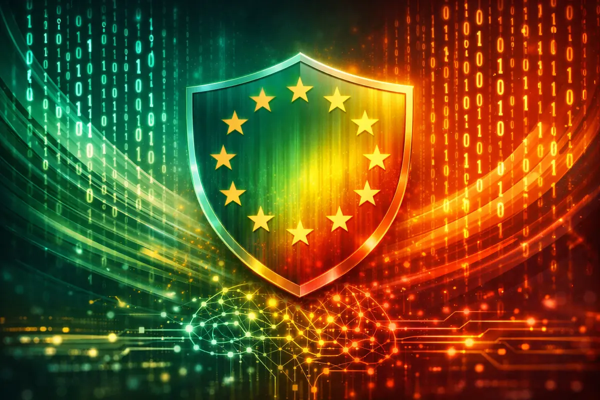 RGPD et IA — Illustration abstraite symbolisant la conformité RGPD et l'intelligence artificielle, ambiance futuriste et sécurisée.