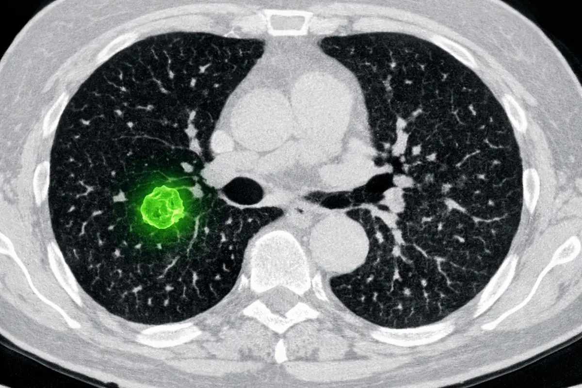 ia-detection-tumeur-precoce.jpg Scanner médical annoté par une IA, mettant en évidence une petite tumeur pulmonaire à un stade précoce.