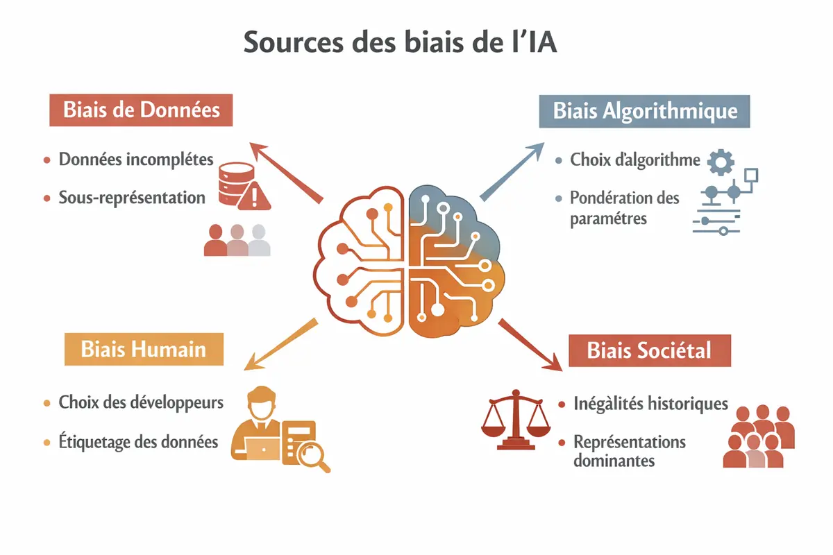 ia-discrimination-schema-sources-biais.png Schéma illustrant les différentes sources de biais dans l'intelligence artificielle : données, algorithmes, facteurs humains et biais sociétaux.