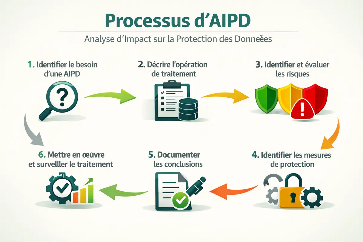 Schéma illustrant les étapes clés du processus d'Analyse d'Impact sur la Protection des Données (AIPD), de l'identification du besoin à la mise en œuvre des mesures de protection.