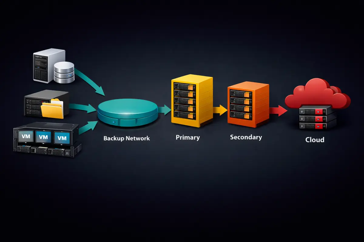 Schéma illustrant une architecture de sauvegarde typique avec serveurs sources, réseau dédié, stockage primaire et secondaire, et réplication cloud.